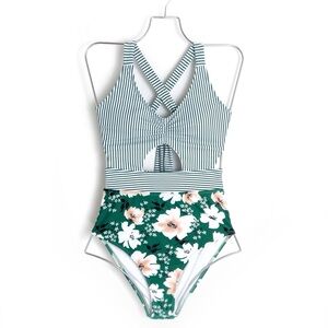 BEACHSISSI . Floral and Green Stripe One-Piece Swimsuit